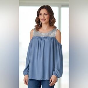 Y2K Almatrichi Blue Cold Shoulder Blouse Sequin Neckline Women’s Size S